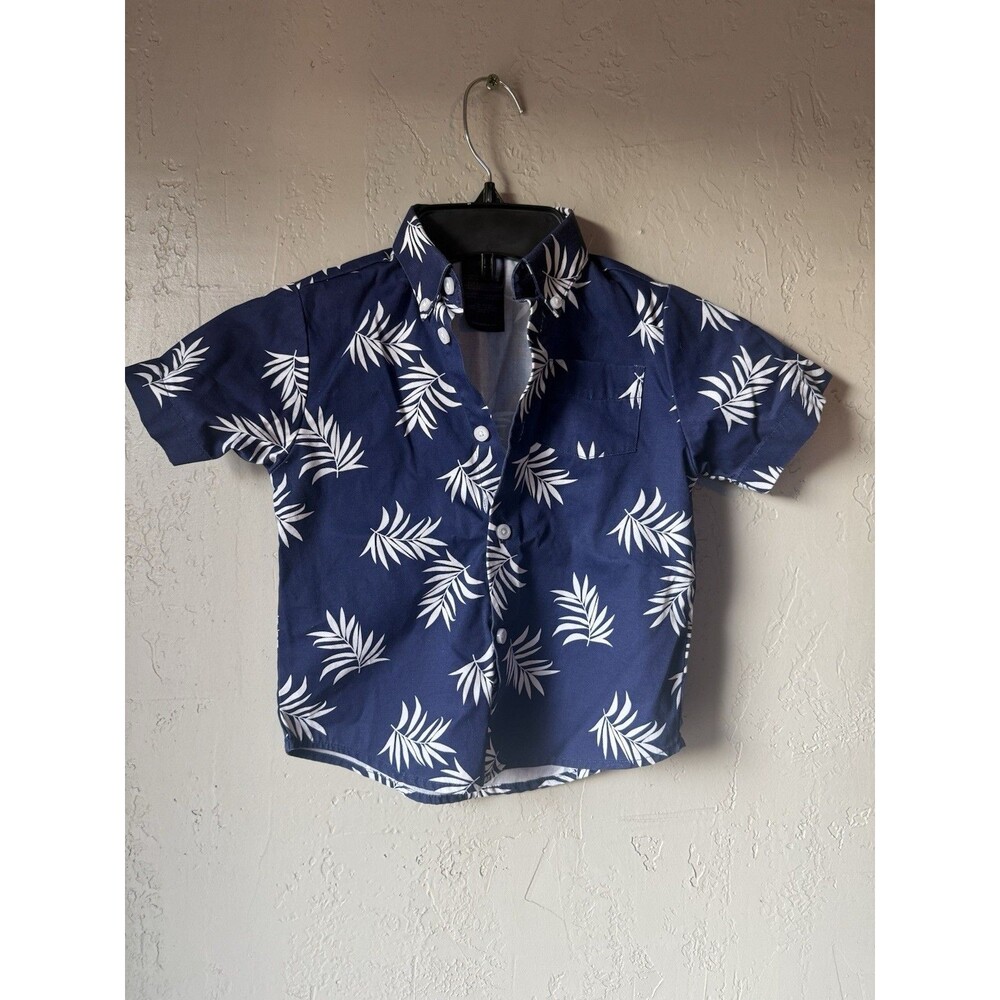 Tommy Hilfiger Boys Navy Blue White Palm Leaf Short Sleeve Button Down Shirt